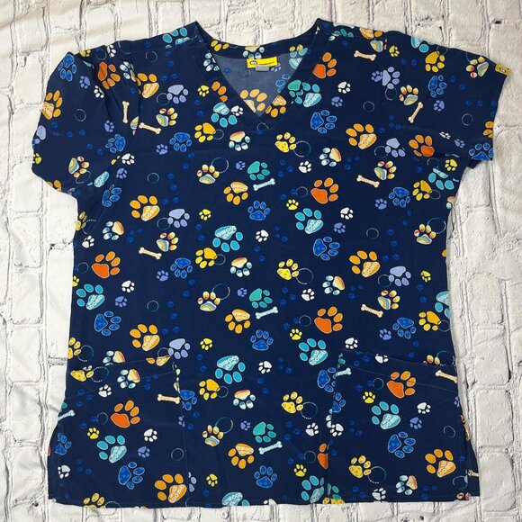 Wonder Wink Navy Paw Print Scrub Top Large Description: - Picture 1 of 5